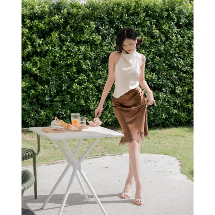 LA BOUTIQUE Chân váy lụa dáng lửng, chân váy midi nhún eo phối ren lai váy VN008