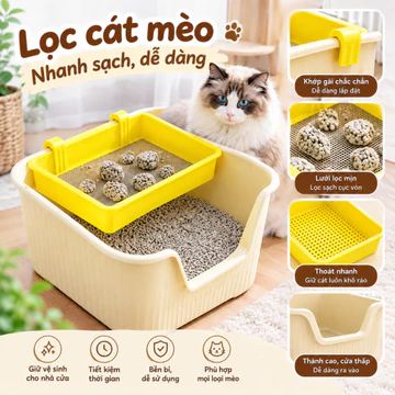 Combo Khay lọc cát mèo, xẻng xúc cát, lưới lọc cát vón gắn khay vệ sinh, tách cát sạch nhanh, thoát cát tiện lợi - SPT