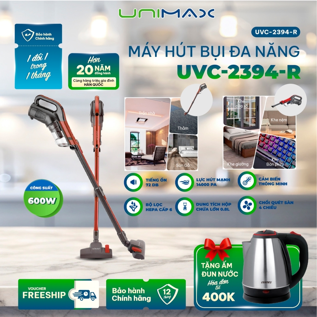 Máy Hút Bụi Cầm Tay Đa Năng 3 Kiểu Đầu Hút Bụi, Unimax UVC-2394 600W Lực Hút Mạnh15000Pa, Lọc HEPA