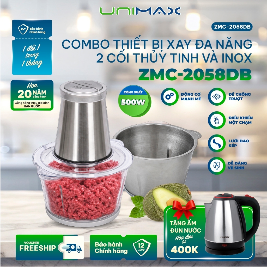 Máy Xay Thịt Đa Năng Unimax ZMC-2058DB Dung Tích 2L Kèm 2 Cối Inox Và Thủy Tinh Xay thịt Rau Củ Quả