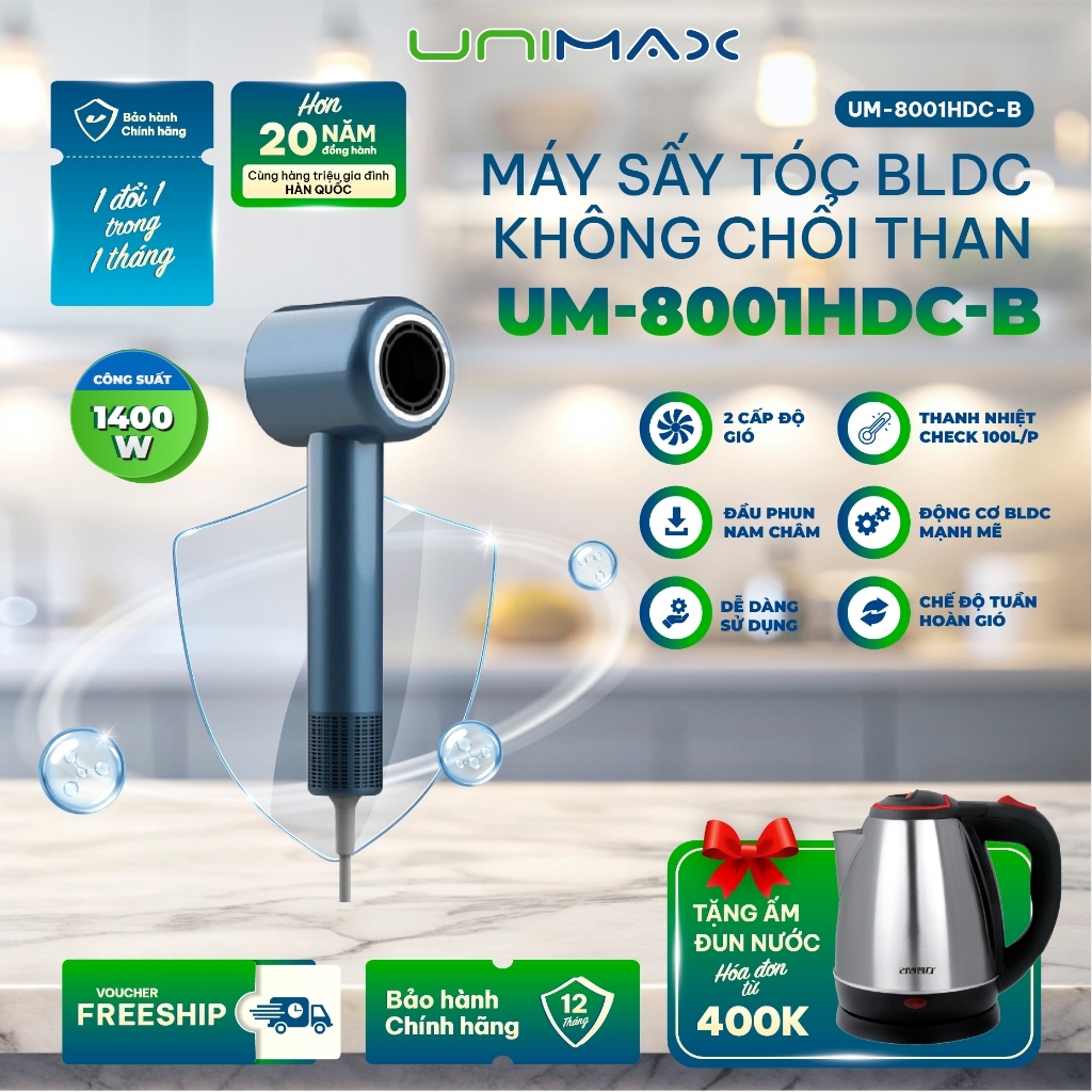 Máy sấy tóc tốc độ cao 200 triệu ion, không chổi than Unimax UM-8001HDC 1400W – Sấy Nhanh, Không Hư Tóc, Bảo hành 12T