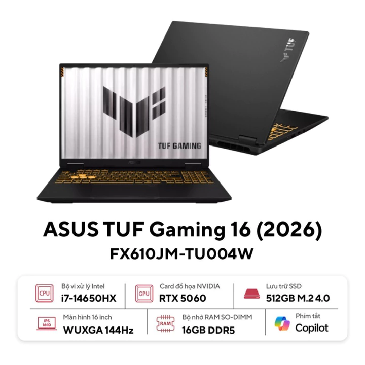Laptop Asus Gaming TUF FX610JM-TU004W (i7-14650HX/16GB D5/512GB/RTX 5060 8GB/16" WUXGA IPS/Win11H/Đen)