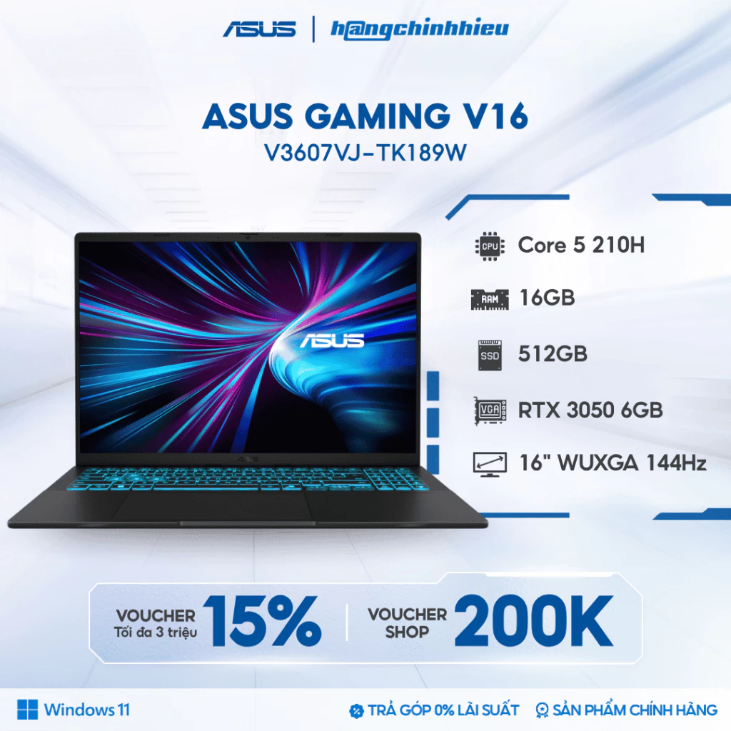 Laptop ASUS Gaming V16 V3607VJ-TK189W (Core 5 210H | GeForce RTX™ 3050 6GB | 16GB | 512GB | 16' WUXGA 144Hz | Win 11)