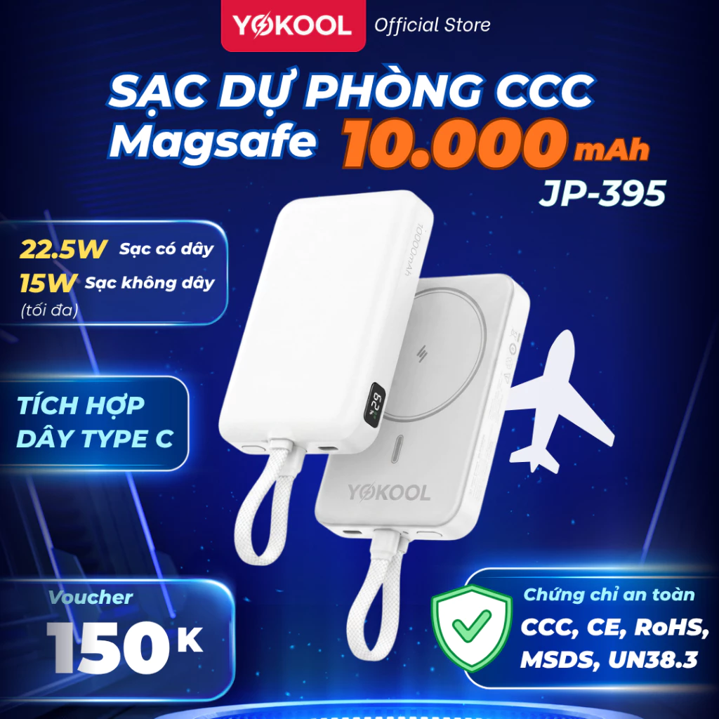 Sạc Dự Phòng YOKOOL 10000mAh JP395 – Sạc Nhanh 22.5W, Chứng Nhận CE CCC Tích Hợp Dây 2 in 1 Type C, Sạc Không Dây 15W