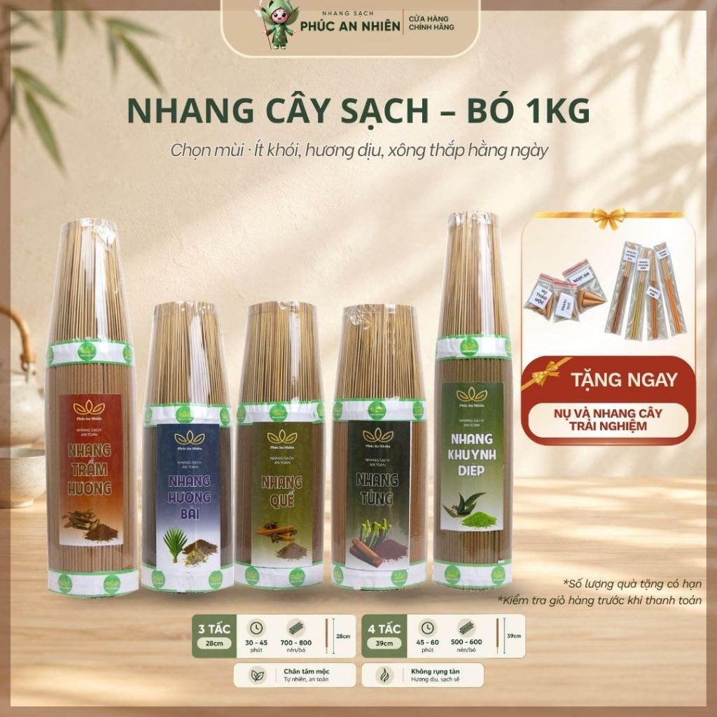 Nhang Cây Phúc An Nhiên Bó 1kg – 3/4 Tấc – 5 Mùi Thảo Mộc Tự Nhiên, Ít Khói, Hương Dịu Nhẹ, Không Hóa Chất