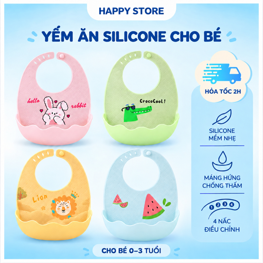 Yếm tập ăn dặm cho bé chất liệu silicon siêu mỏng có máng, dễ vệ sinh, có 4 nấc điều chỉnh