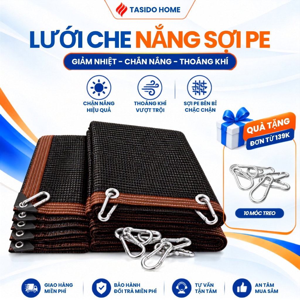 Lưới Che Nắng Đen TASIDO Lưới Có Khuy Kim Loại May Viền Chắc Chống Nắng Giảm Nhiệt Ban Công Sân Vườn
