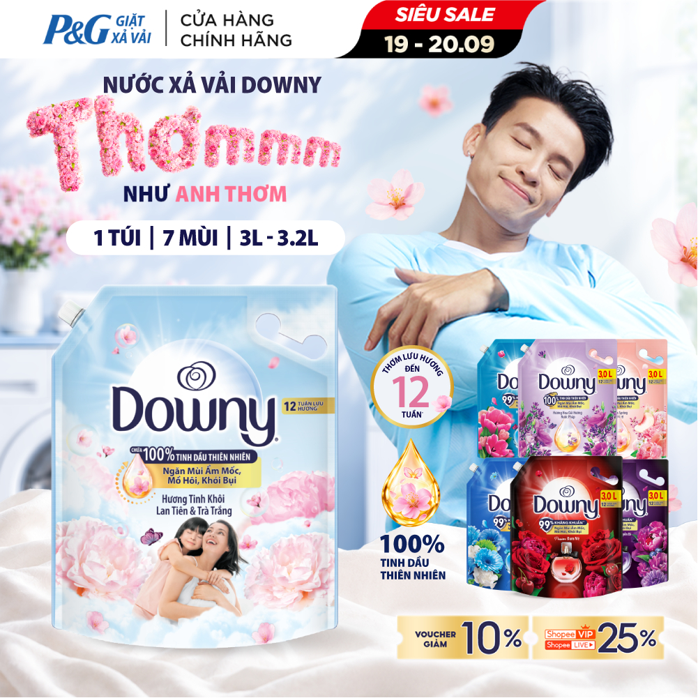 Nước Xả Vải DOWNY Tinh Dầu Thiên Nhiên/ Nước Hoa Cao Cấp/ Chống Khuẩn Nhiều Mùi Hương Túi 3L-3.2L