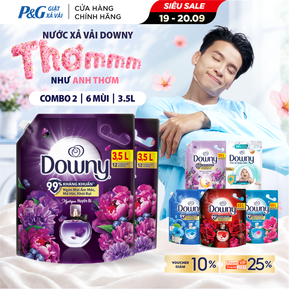 Combo 2 Nước Xả Vải DOWNY Nước Hoa Cao Cấp/ Chống Khuẩn/ Tinh Dầu Thiên Nhiên Nhiều Mùi Hương Túi 3.5L