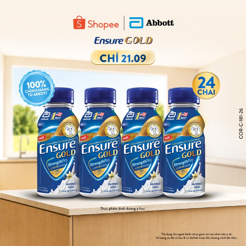 Thùng 24 chai Ensure GOLD 237ml chai phiên bản mới