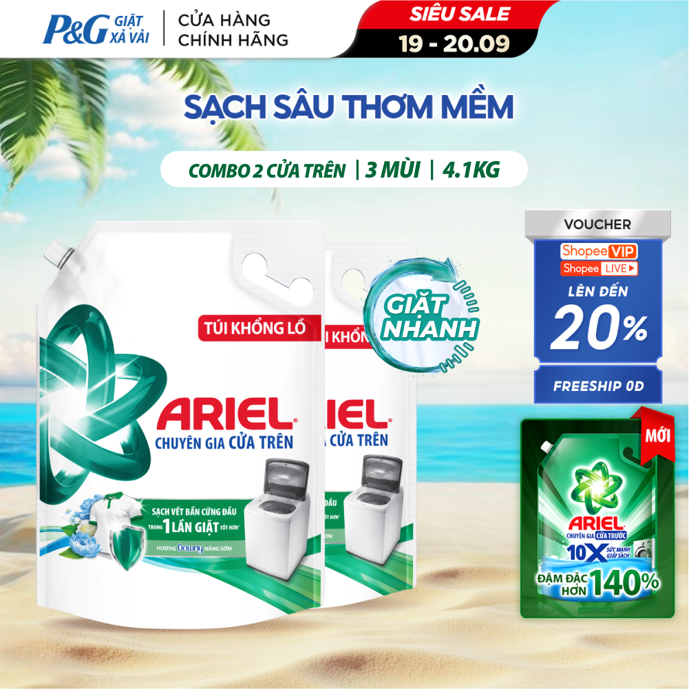 [V] Combo 2 Nước Giặt ARIEL Chuyên Gia Cửa Trên Ngăn Lem Màu Hương Downy Nắng Sớm/ Nước Hoa/ Oải Hương Túi 4.1KGx2