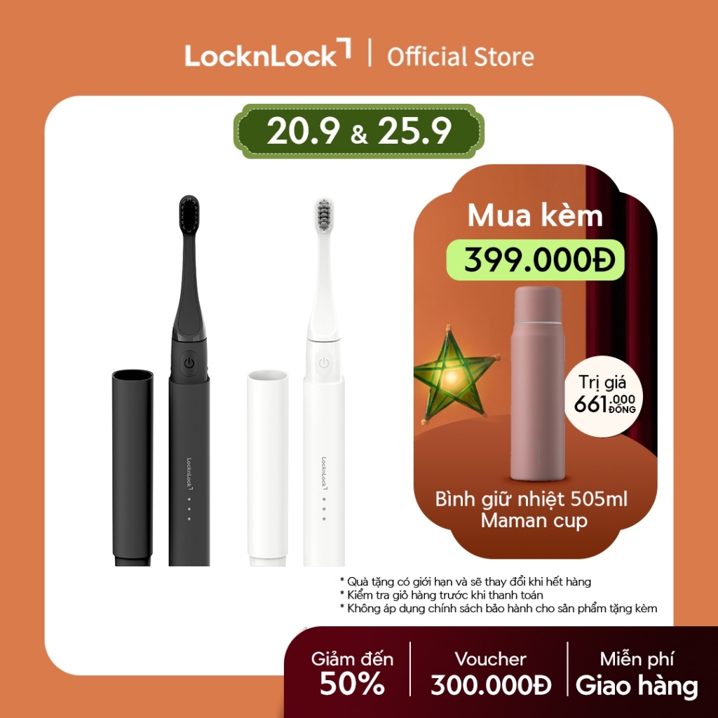 Bàn chải đánh răng điện LocknLock Portable electric toothbrush ENR238 siêu nhẹ 70g / Đầu bàn chải thay thế - 2 Màu