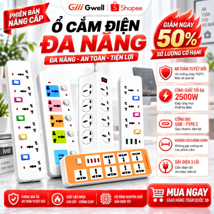 Ổ Cắm Điện, Ổ Điện USB Đa Năng Chịu Tải 2500W Dài 4m Có Chốt Bấm Chống Giật, Có Khóa Bảo Vệ An Toàn