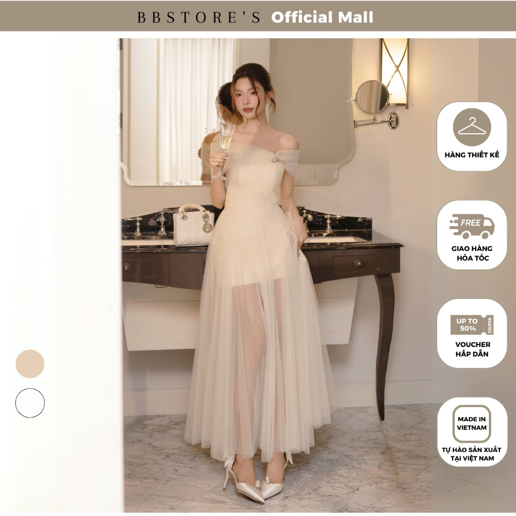 BBSTORE'S Đầm Đi Dự Tiệc Nữ Váy Dài Cúp Ngực Ren Kim Sa Dáng Xòe Kèm Choàng Lưới Thiết Kế Cao Cấp Sang Chảnh - D4526A