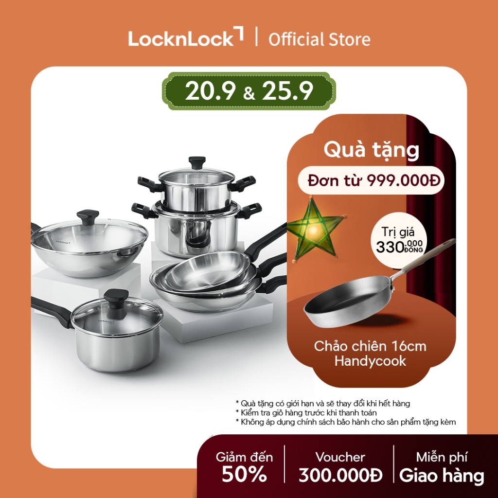 Nồi, Chảo Inox LocknLock Daily STS PPW thân bằng thép không gỉ 304, kèm nắp kính trong suốt, tay cầm chịu nhiệt