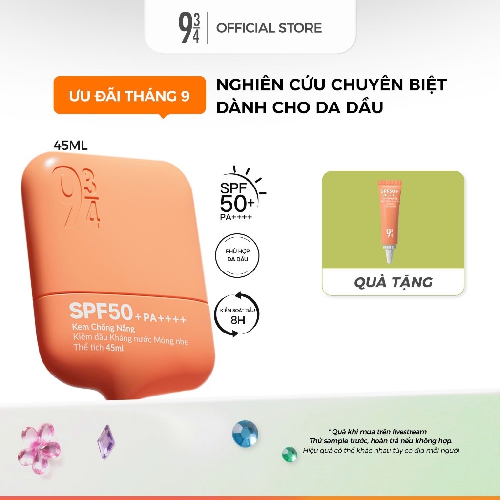 Kem Chống Nắng 934 Kiềm Dầu Kháng Nước Mỏng Nhẹ Có Nâng Tone Tự Nhiên Phù Hợp Da Dầu SPF 50+ PA++++