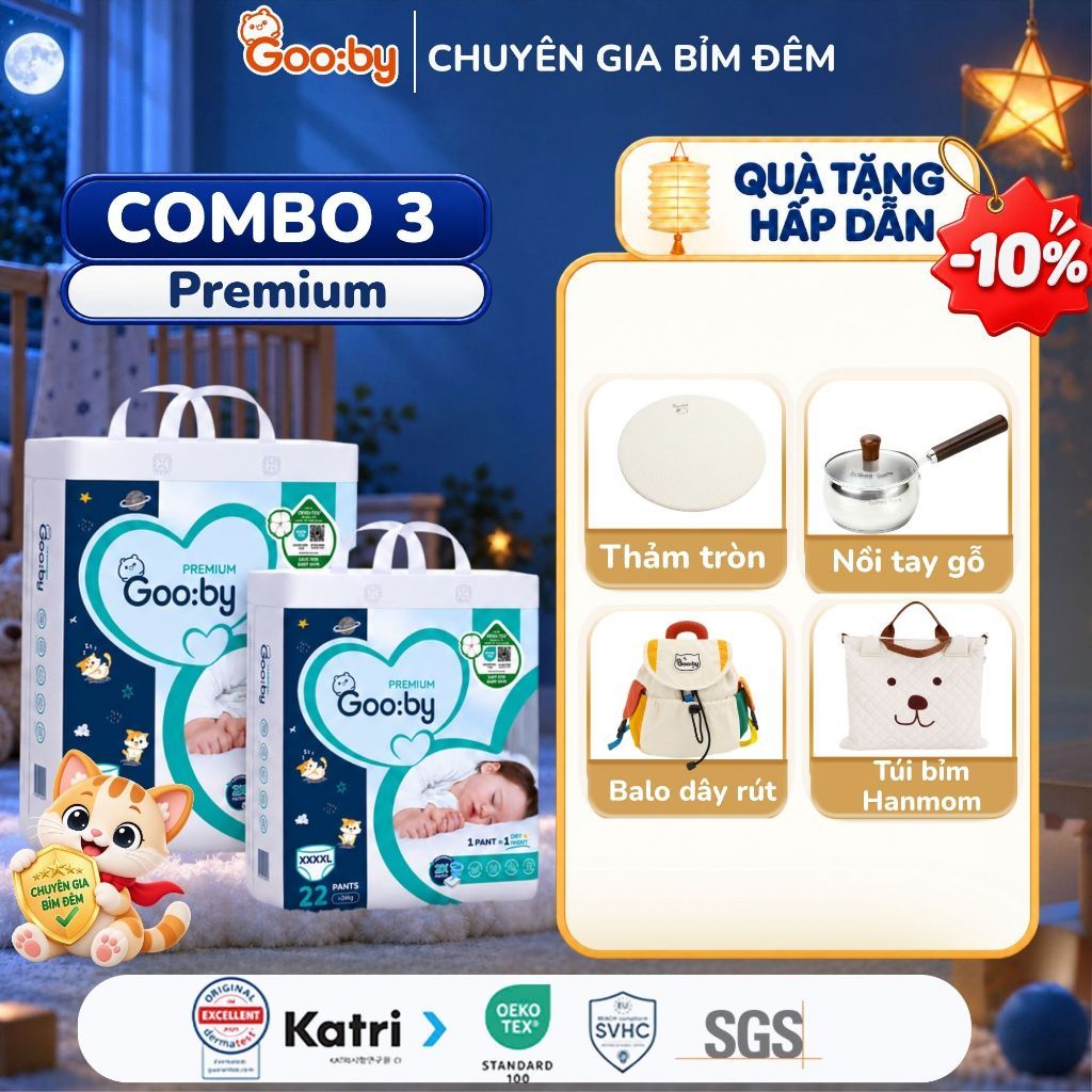 [Kèm quà] Combo 3 bịch Tã/bỉm quần Gooby Premium-Chuyên gia bỉm đêm, chống trào 12h, size M/L/XL/XXL