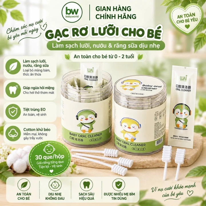 Rơ Lưỡi WAI Cho Bé 0-2 Tuổi – Gạc Rơ Lưỡi Vệ Sinh Miệng, Lưỡi Cho Trẻ Sơ Sinh, 30 Que/Hộp Babyworlds