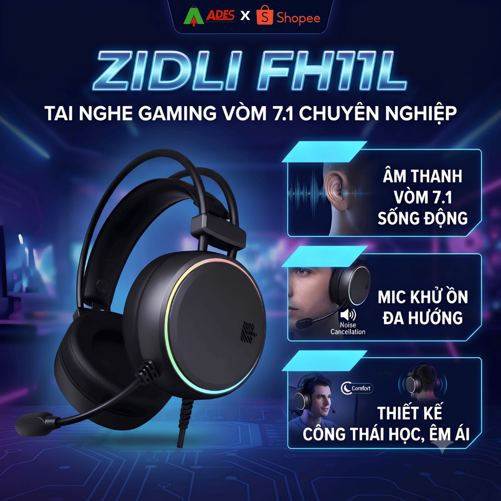 ✔️[Chính hãng] Tai Nghe Gaming Zidli FCORE FH11L BOX 7.1,USB, LED RGB Grey ✔️Chính hãng