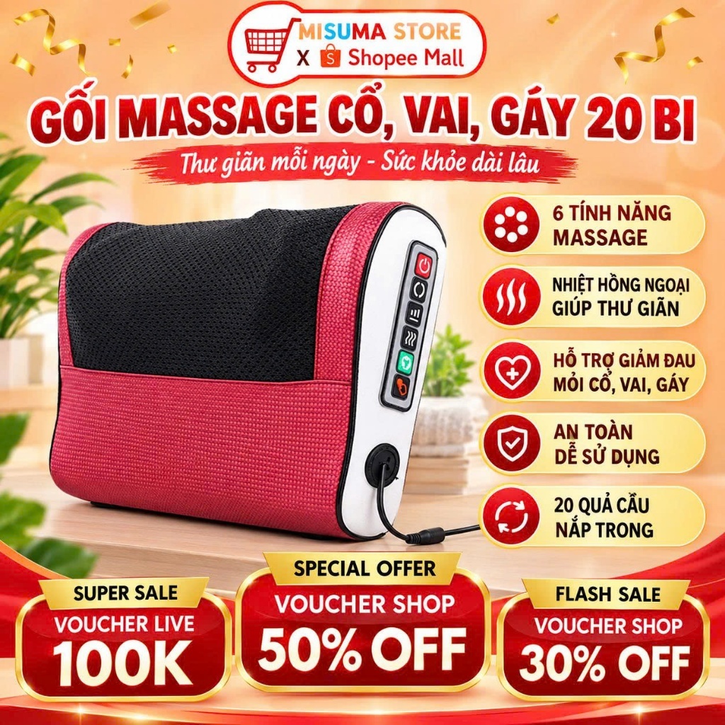 Gối Massage Cổ Vai Gáy Máy Massage Hồng Ngoại 20 Bi Cao Cấp Hỗ Trợ Mát Xa
