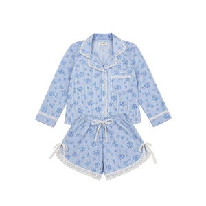 TUBYCATU Set Keelin Pijama Áo Dài Tay Quần Short Phối Ren Hoa Nữ Tính