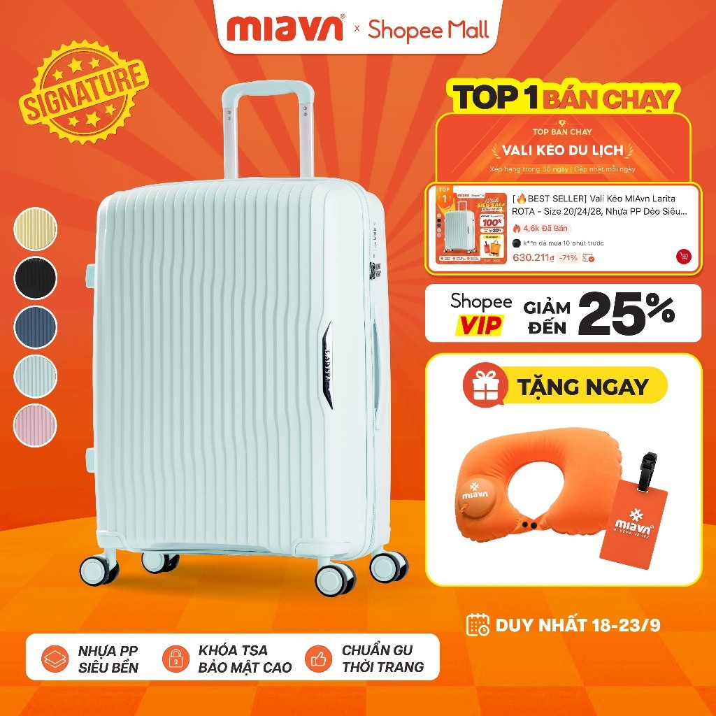 [🔥BEST SELLER] Vali Kéo MIAvn Larita ROTA - Size 20/24/28, Nhựa PP Dẻo Siêu Bền, Hạn Chế Bể, Khoá TSA, Bảo Hành Trọn Đời