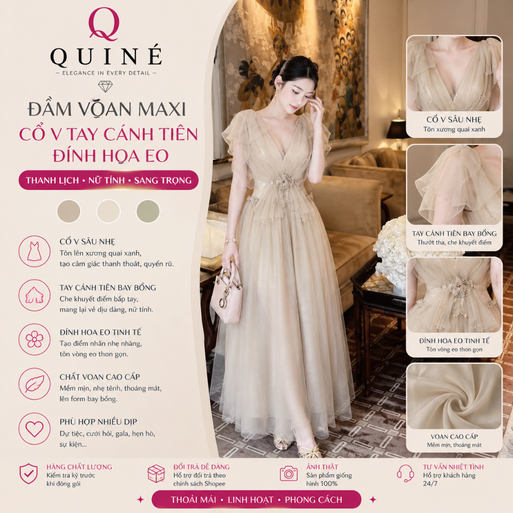 Đầm Voan Maxi Cổ V Tay Cánh Tiên Đính Hoa Eo Dáng Xòe Thanh Lịch Dự Tiệc – Váy Nữ Dài Tiểu Thư Sang Trọng Tôn Dáng