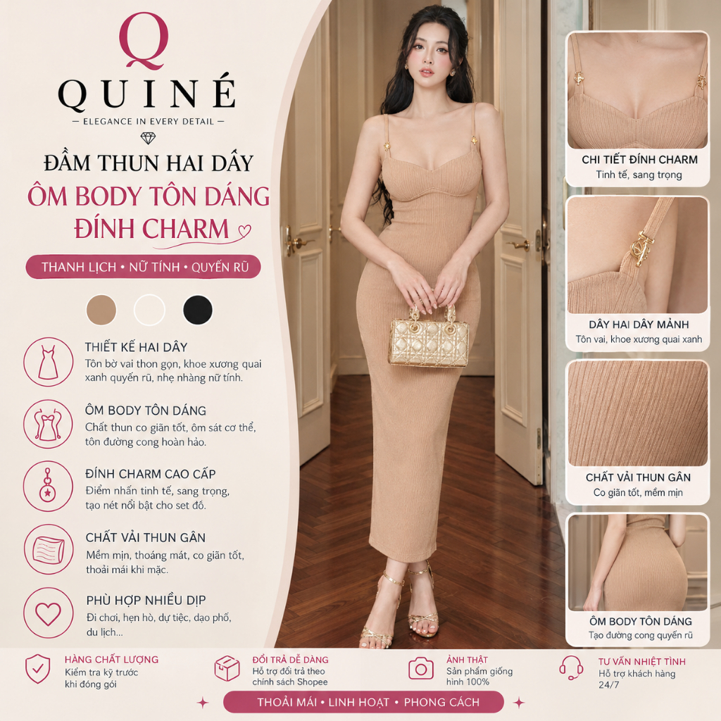 Đầm Thun Hai Dây Ôm Body Tôn Dáng Đính Charm Sang Trọng – Váy Nữ Dự Tiệc Đi Chơi Quyến Rũ Thời Thượng