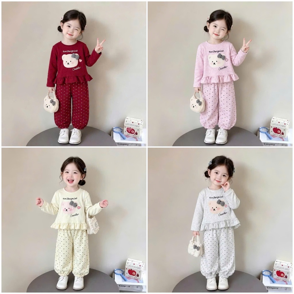 Bộ dài tay thu đông cho bé gái chất liệu tăm lông thỏ gắn nơ, 4 màu, sz 8-22 kg #bodothudong #bodobegai #thudong2026