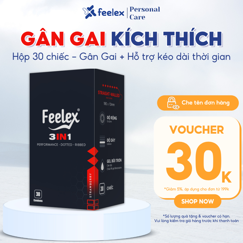 Hộp 30 bao cao su Feelex gân gai tăng khoái cảm, siêu mỏng, kéo dài thời gian, siêu tiết kiệm