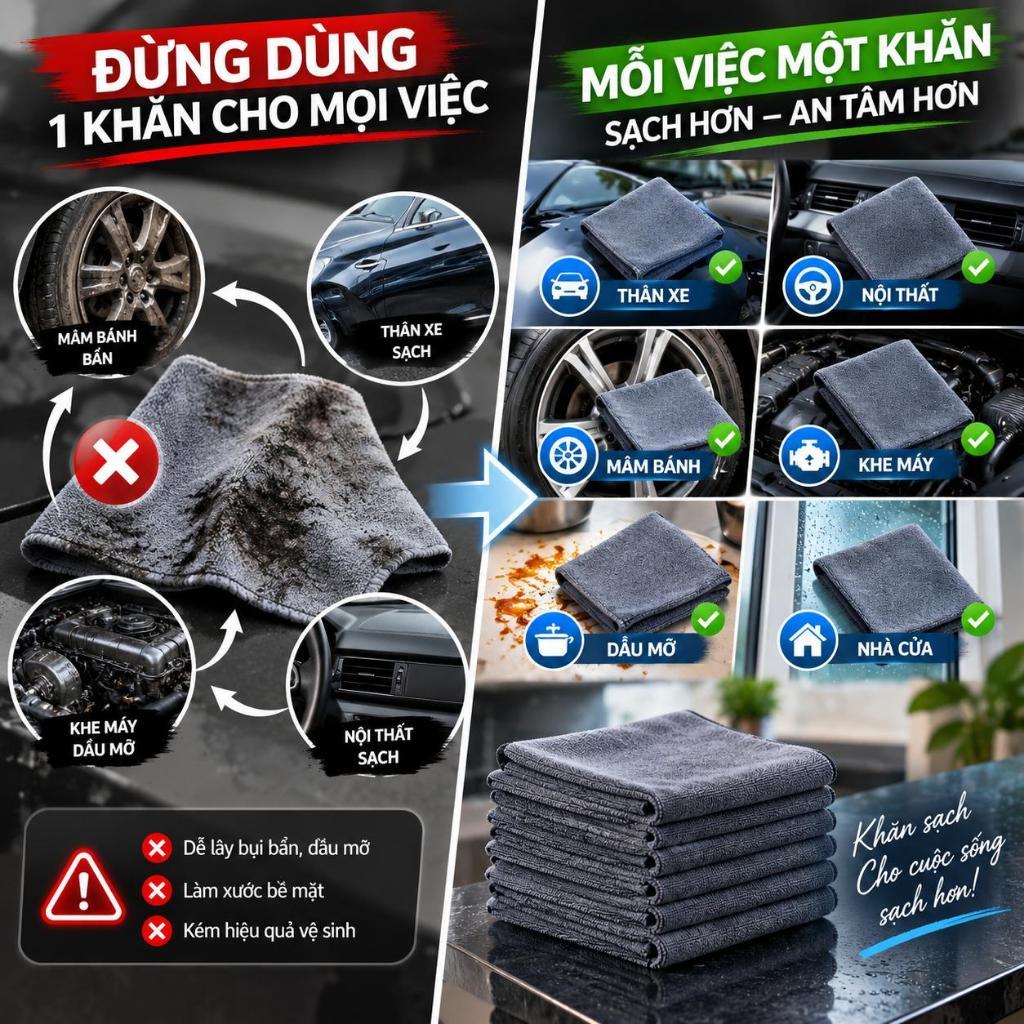 Khăn lau đa năng Microfiber 30x30cm – MỖI VIỆC MỘT KHĂN - KHÔNG DÙNG LẪN | Combo 5, 10, 20 khăn màu ngẫu nhiên | BigBuy360 - bigbuy360.vn