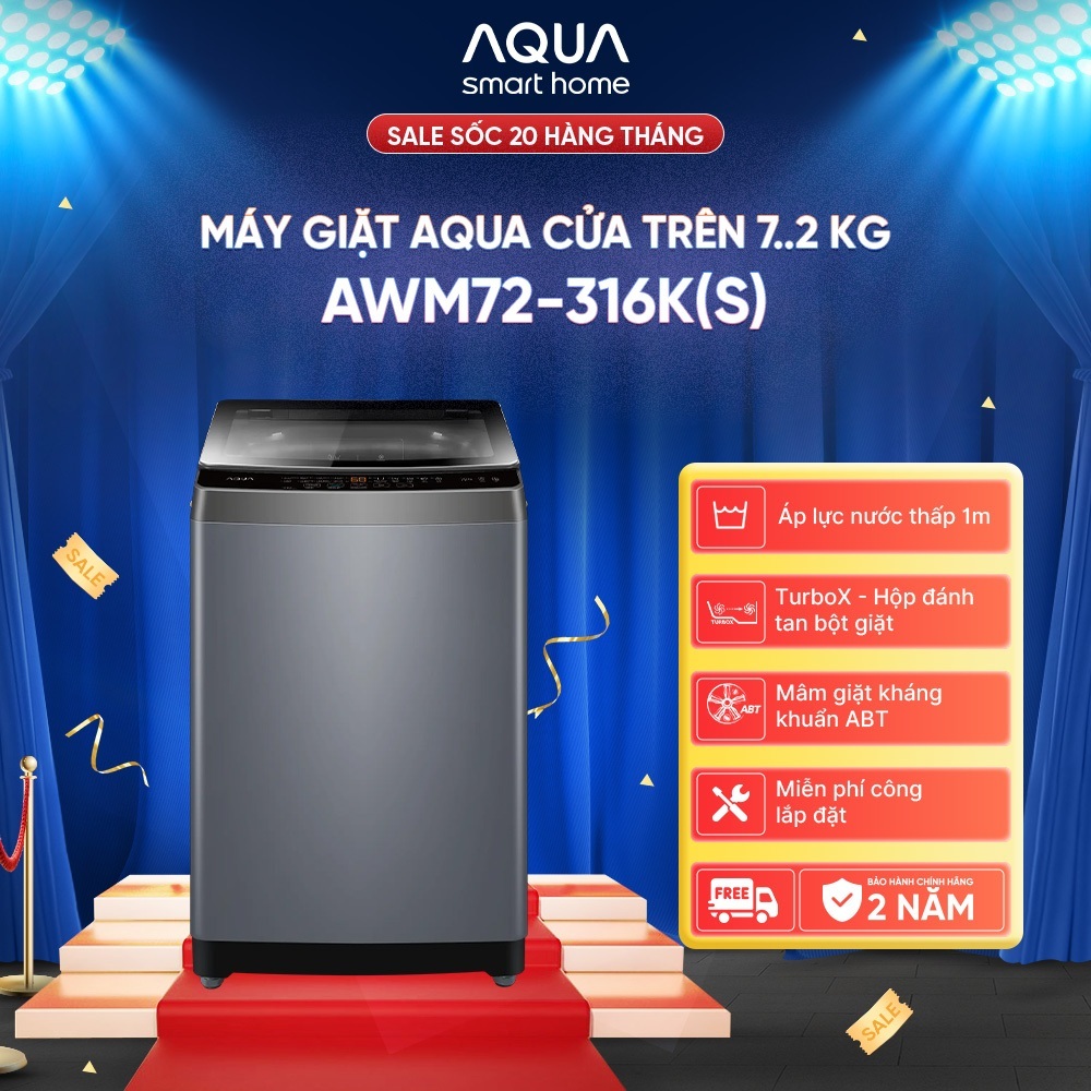 [SALE SỐC] Máy giặt Aqua 7.2 kg AWM72-316K(S) - Bảo hành 2 năm - Freeship toàn quốc
