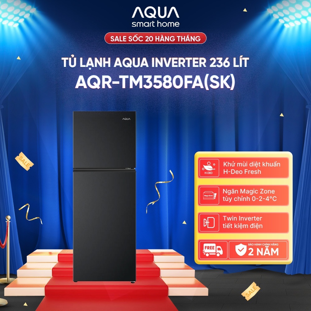 Tủ lạnh Inverter ngăn đông trên Aqua 236 Lít AQR-TM3580FA(SK) - Đen nhám kim tuyến - Bảo hành 2 năm - Freeship