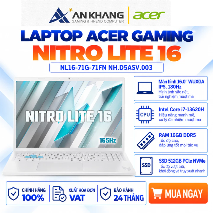 Laptop Gaming Acer Nitro Lite 16 NL16-71G-71FN i7-13620H 16GB 512GB RTX 4050 6GB 180Hz, Bảo Hành 2 Năm