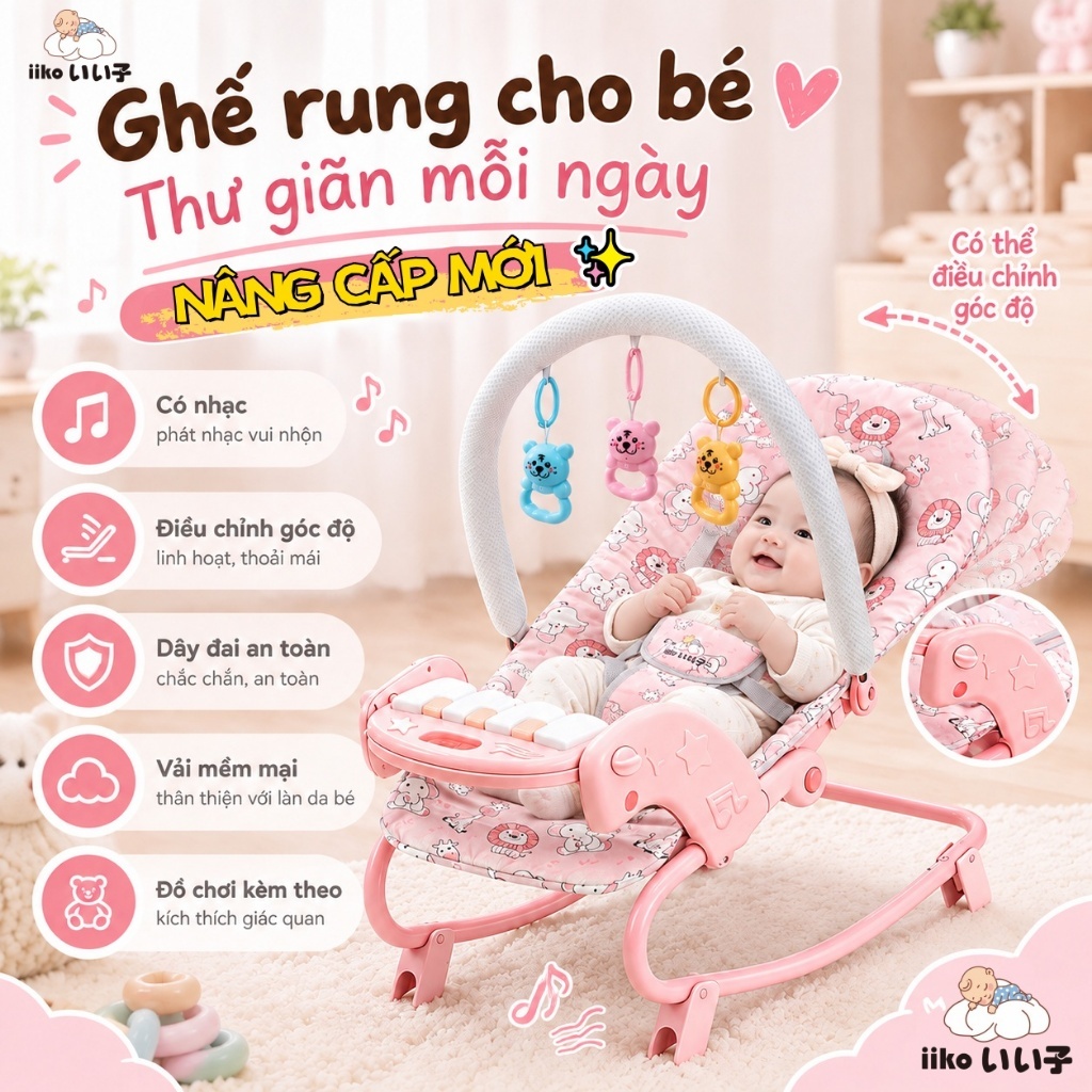 Ghế Rung Cho Bé 3-18 Tháng - Chất Liệu Thoáng Khí, Khung Nâng Cấp Chịu Lực 20kg - An Toàn Tuyệt Đối