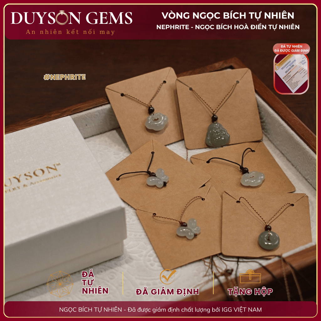 Dây chuyền ngọc bích Hòa Điền hình hồ điệp, khóa như Ý, Phật Di Lặc, đồng điếu Duyson Gems DCPT20