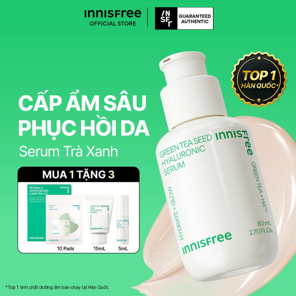 Serum trà xanh cấp ẩm sâu phục hồi da, với Probiotics INNISFREE Green Tea Seed Hyaluronic Serum 80mL