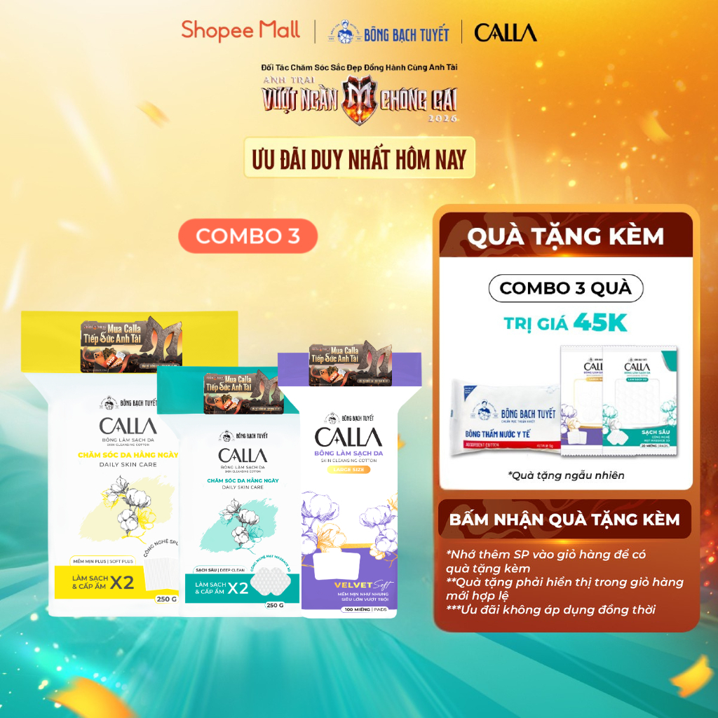 Combo 3 túi Bông tẩy trang Calla Sạch Sâu 250gr và Mềm Mịn 250gr và Velvet 100m