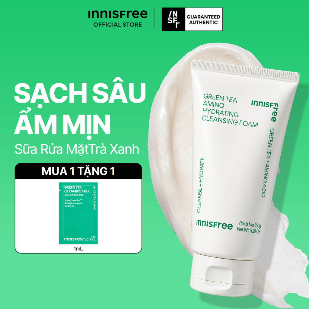 Sữa rửa mặt trà xanh sạch sâu ẩm mịn INNISFREE Green Tea Amino Cleansing Foam 150g