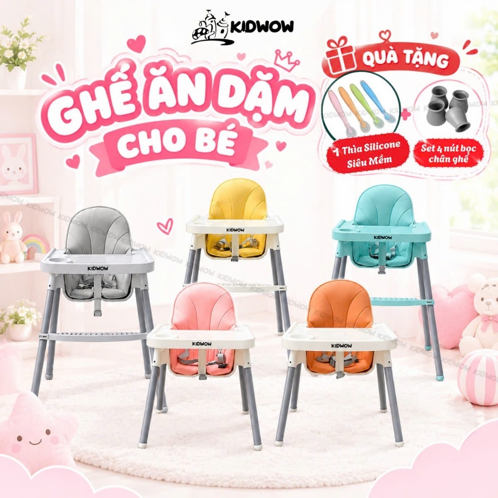 Ghế Ăn Dặm KIDWOW 2in1 Cho Bé Bàn Ăn Dặm Lắp 2 Kiểu Thấp-Cao Có Dây Đai An Toàn [Kem Nút Silicon]