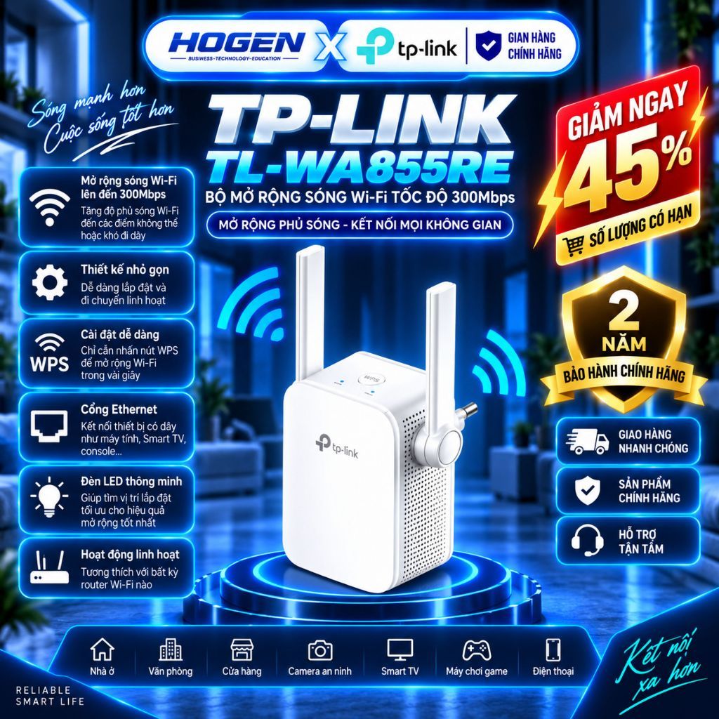 [TP-Link ] Bộ Mở Rộng Sóng Wifi TL-WA850RE/ TL-WA855RE - Tốc Độ 300Mbps,Chuẩn N, Xuyên Tường,Kết Nối Đa Thiết Bị