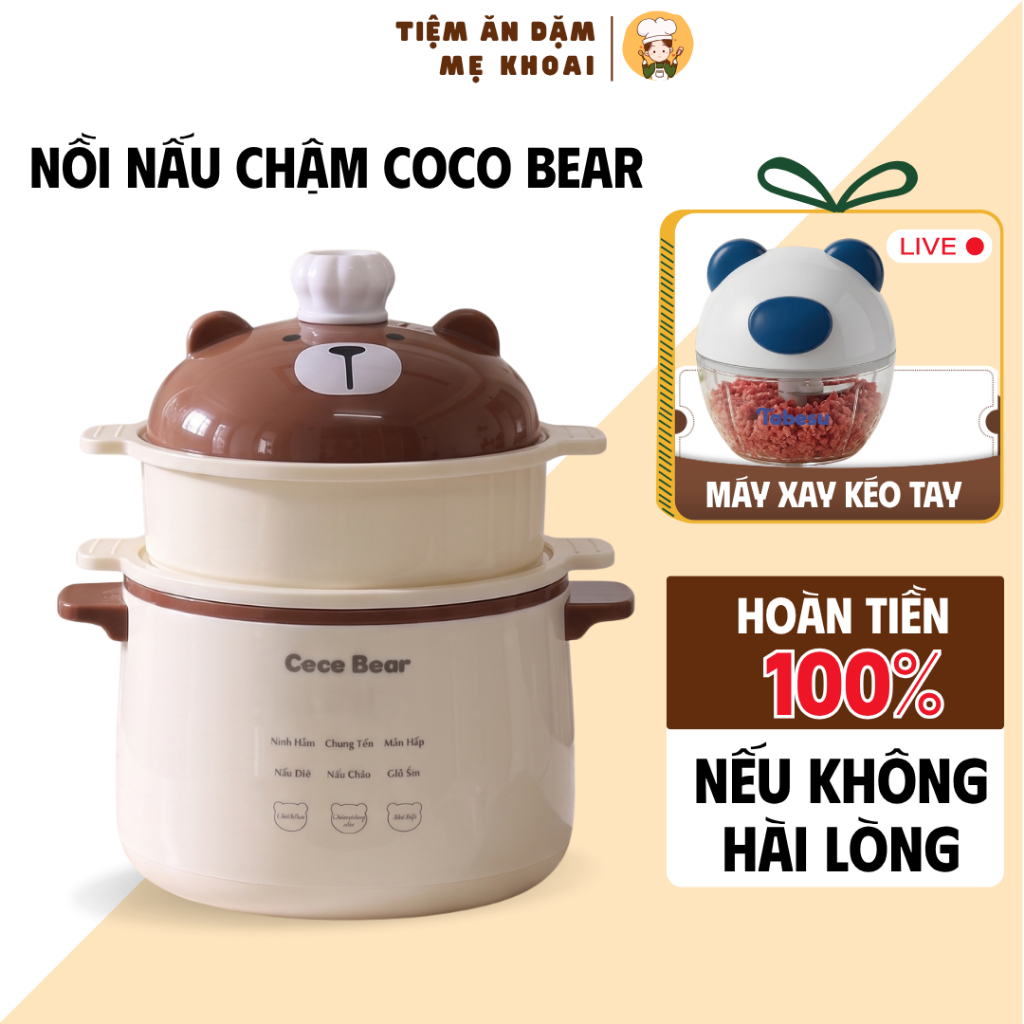 Nồi Nấu Cháo Chậm Cho Bé Ăn Dặm Coco Bear 1L Tặng Kèm Thố Sứ 0.5L – Hầm, Hấp, Chưng Yến Cách Thủy, Bảo Hành 18 Tháng