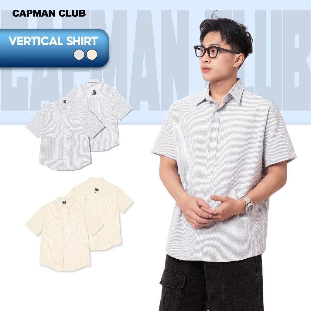 Áo sơ mi nam tay ngắn sọc Oxford VERTICAL phom rộng CAPMAN CLUB, sơ mi nam thêu hoa trẻ trung thoải mái