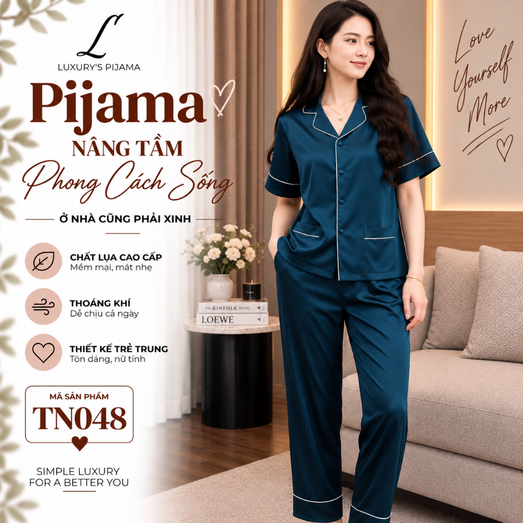 Đồ bộ LUXURY PIJAMA lụa latin cao cấp, mềm mịn sang trọng tay ngắn họa tiết trơn màu xanh TN048