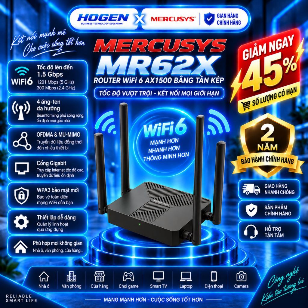 [Mercusys] Bộ Phát Wifi 6 MR60X / MR62X - Chuẩn AX Tốc Độ 1500Mbps, 4 Anten, Phủ Sóng Rộng Khỏe Hơn
