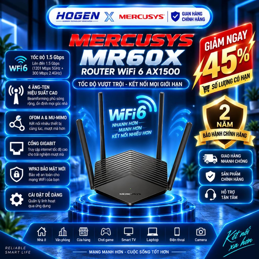 [Mercusys] Bộ Phát Wifi 6 MR60X / MR62X - Chuẩn AX Tốc Độ 1500Mbps, 4 Anten, Phủ Sóng Rộng Khỏe Hơn