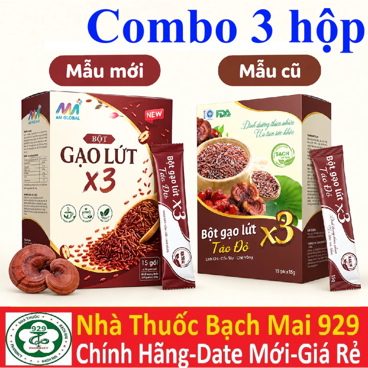 Combo 3 Hộp Bột Gạo Lứt Táo Đỏ X3 Linh Chi, Cần Tây, Chè Vằng (1 hộp 15 gói x 15g )