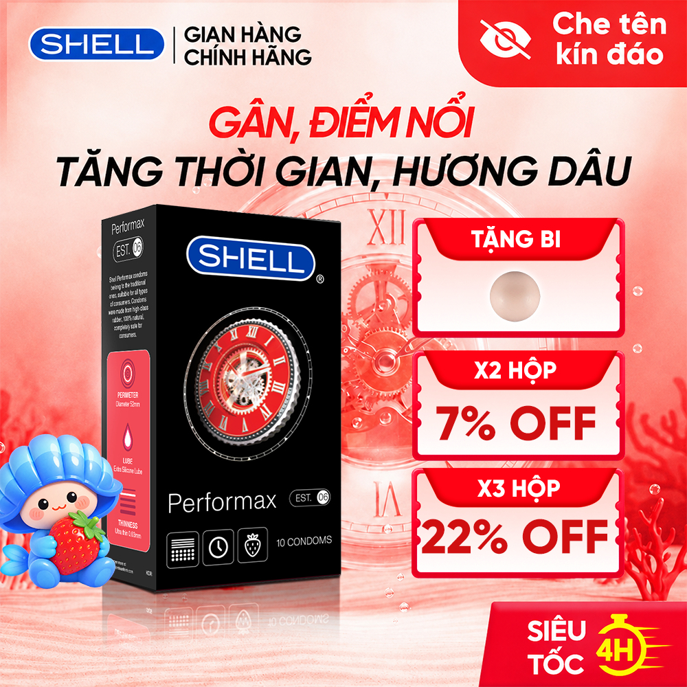 Bao Cao Su Shell Performax 6 In 1 Gân Điểm Nổi, Kéo Dài Thời Gian, Hương Dâu - Hộp 10 Cái