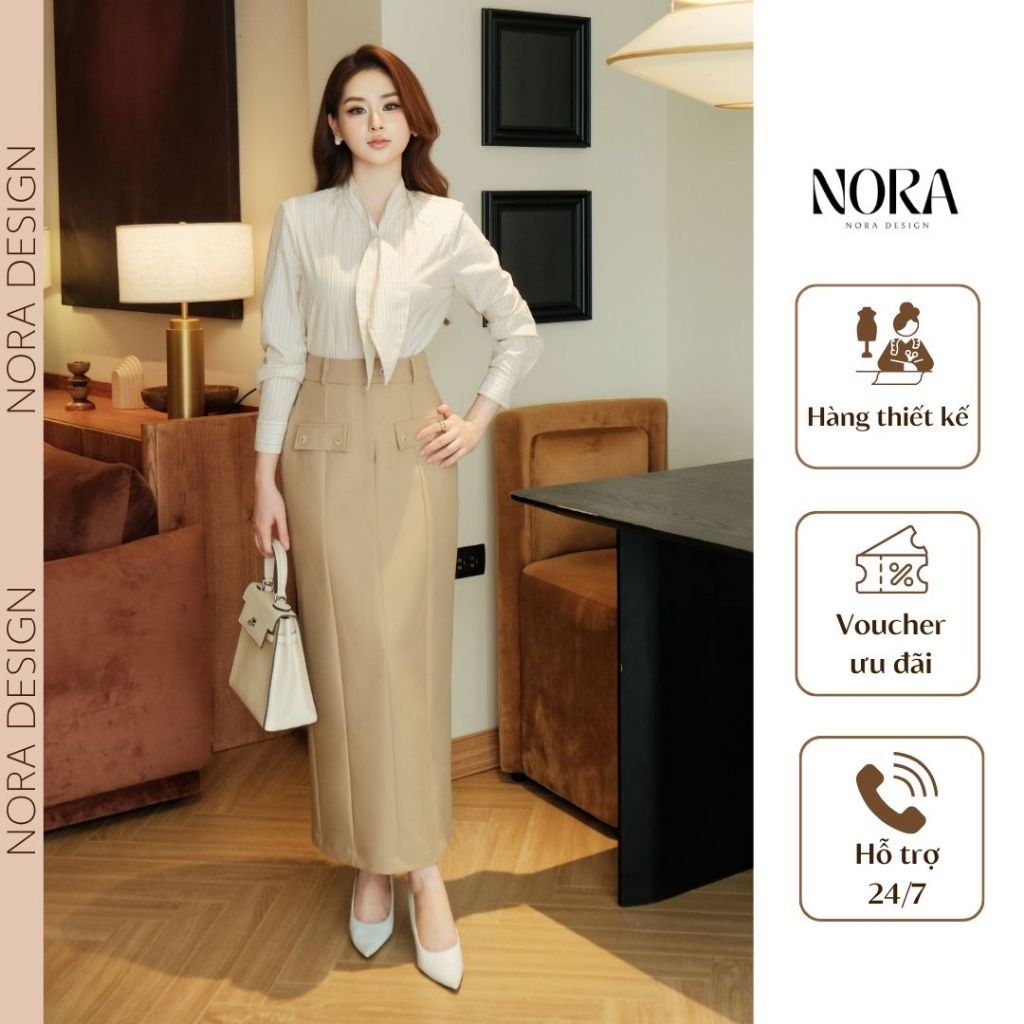 Set Váy Công Sở Thiết Kế NORA, Áo Sơ Mi Thô Kẻ Cổ Khăn Kèm Chân Váy Bút Chì Suông Dài Cạp Cao Chéo Ý S1142