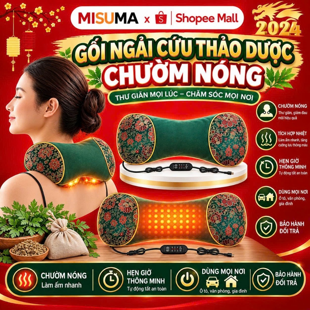 Gối Ngải Cứu Điện Chườm Nóng Giảm Đau Vai Gáy Hương Thơm Thảo Dược Dễ Chịu,Gối Kê Cổ Thảo Mộc